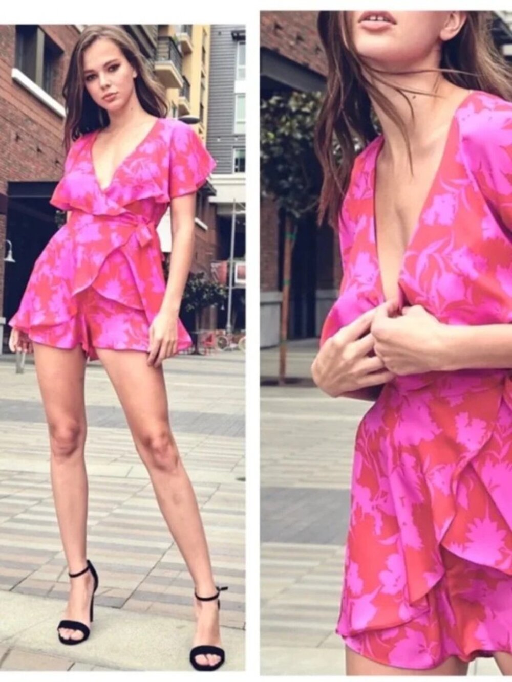 Do + Be Open Back Cutout Hot Pink & Red Floral Romper Dress - Size S